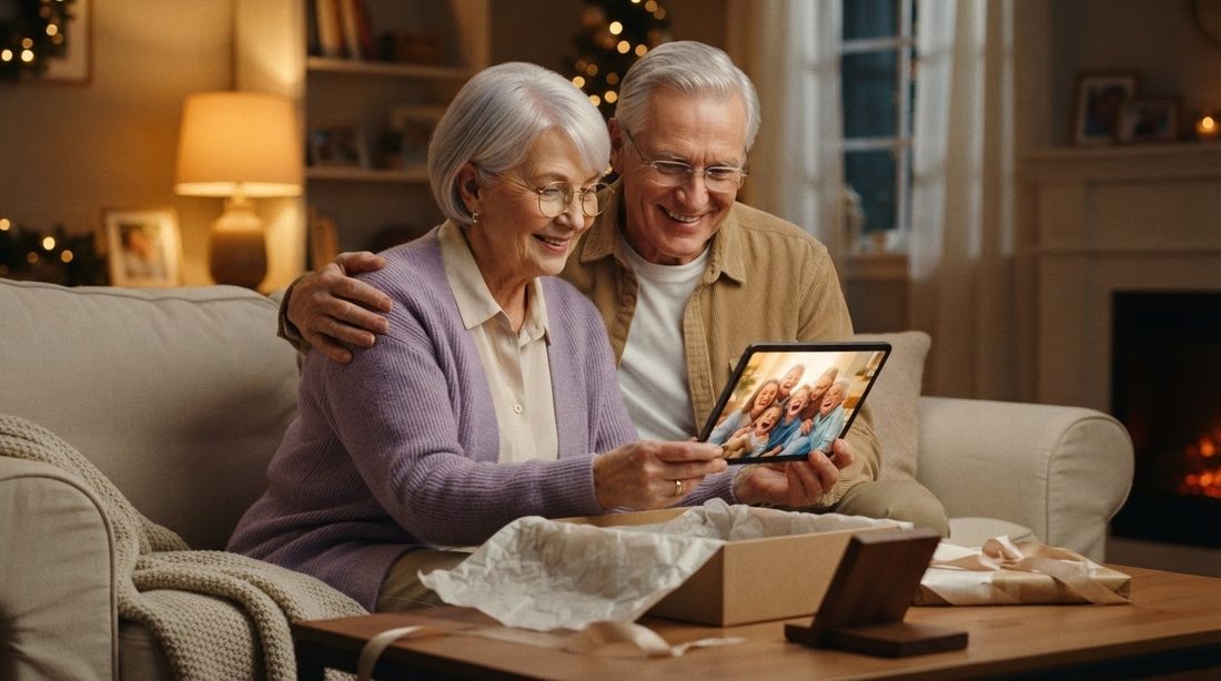 An older couple sitting together and looking at a photo frame showing a family picture