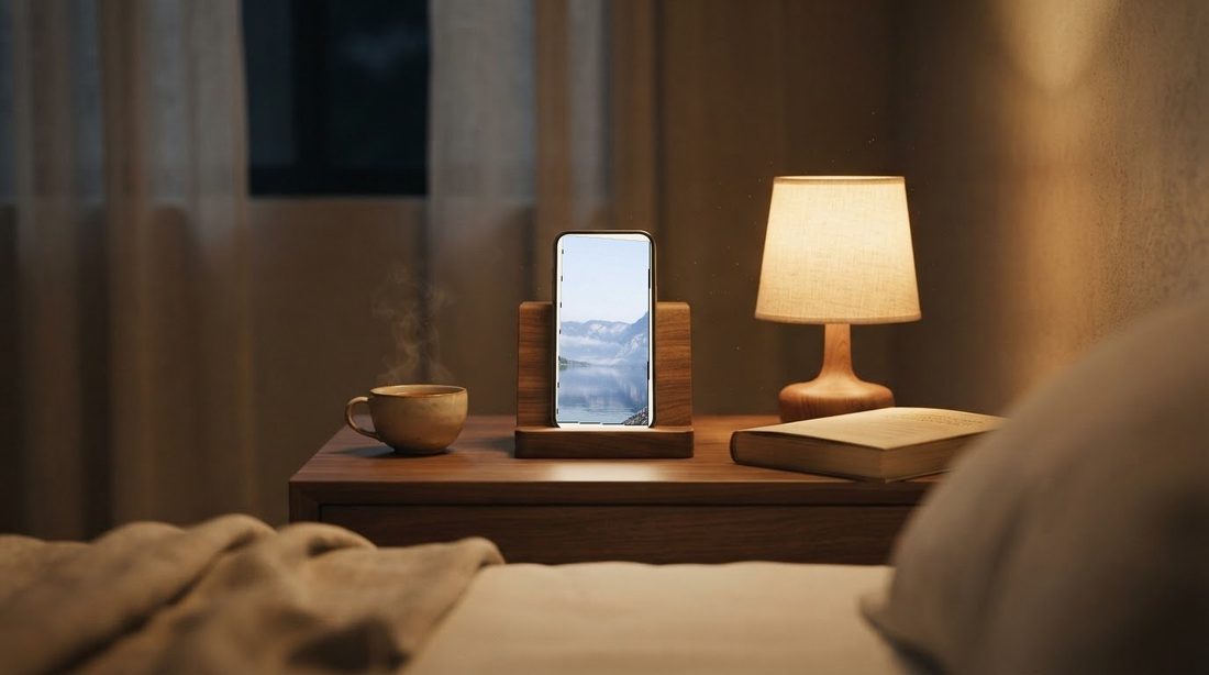 An Android device on a wooden stand on a nightstand showing a photo, next to a lamp and a book