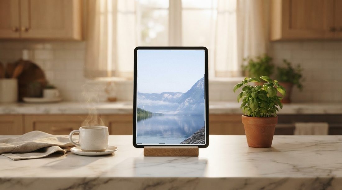 A tablet standing as a photo frame on a kitchen counter, showing a landscape photo from a network share