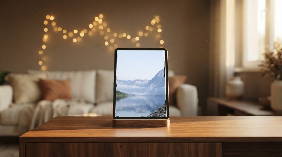 An Android tablet in a living room running PicDock as a digital photo frame