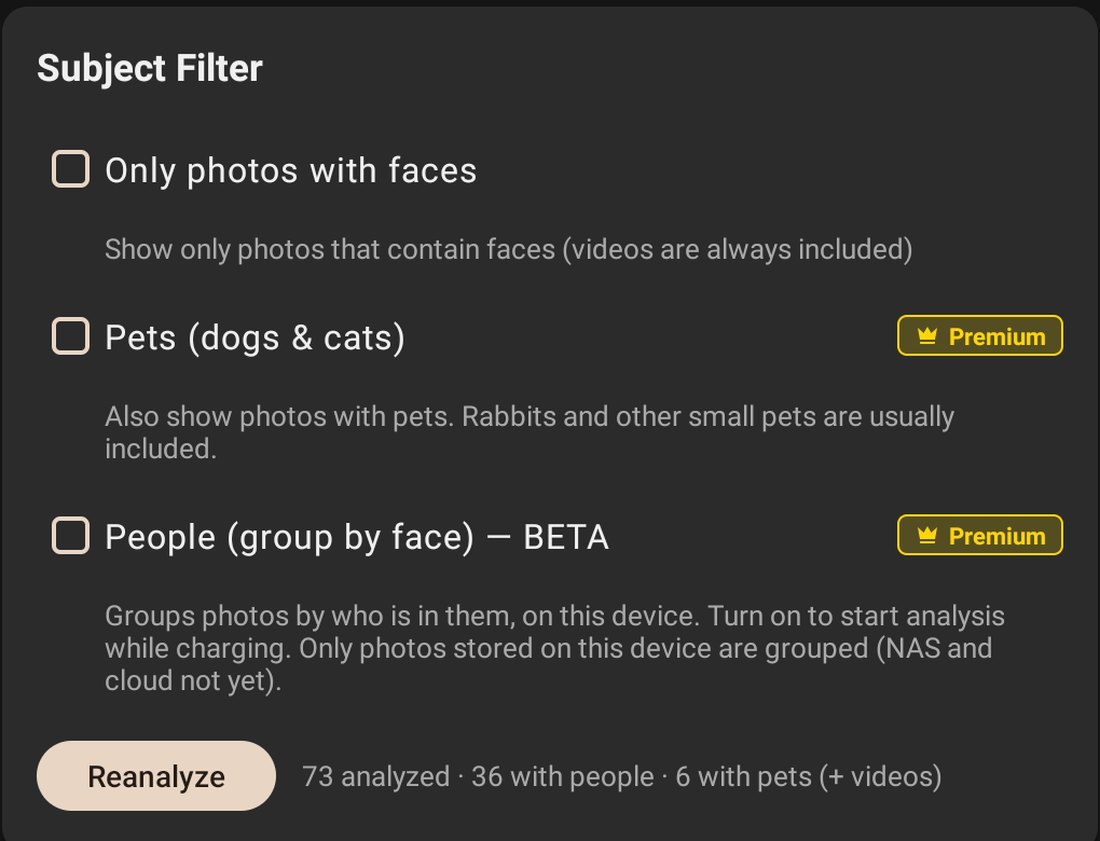 PicDock's Subject Filter card with the option Pets (dogs and cats) marked Premium, and a status line counting analysed photos and photos with pets