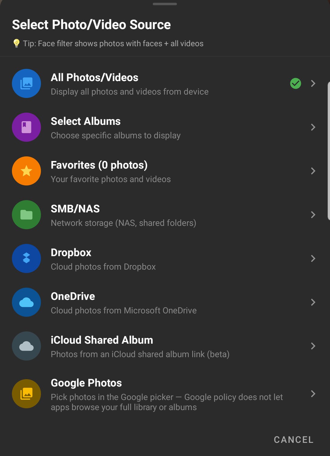 PicDock's photo source picker: All photos, Albums, Favorites, then SMB/NAS, Dropbox, OneDrive, iCloud shared album and Google Photos